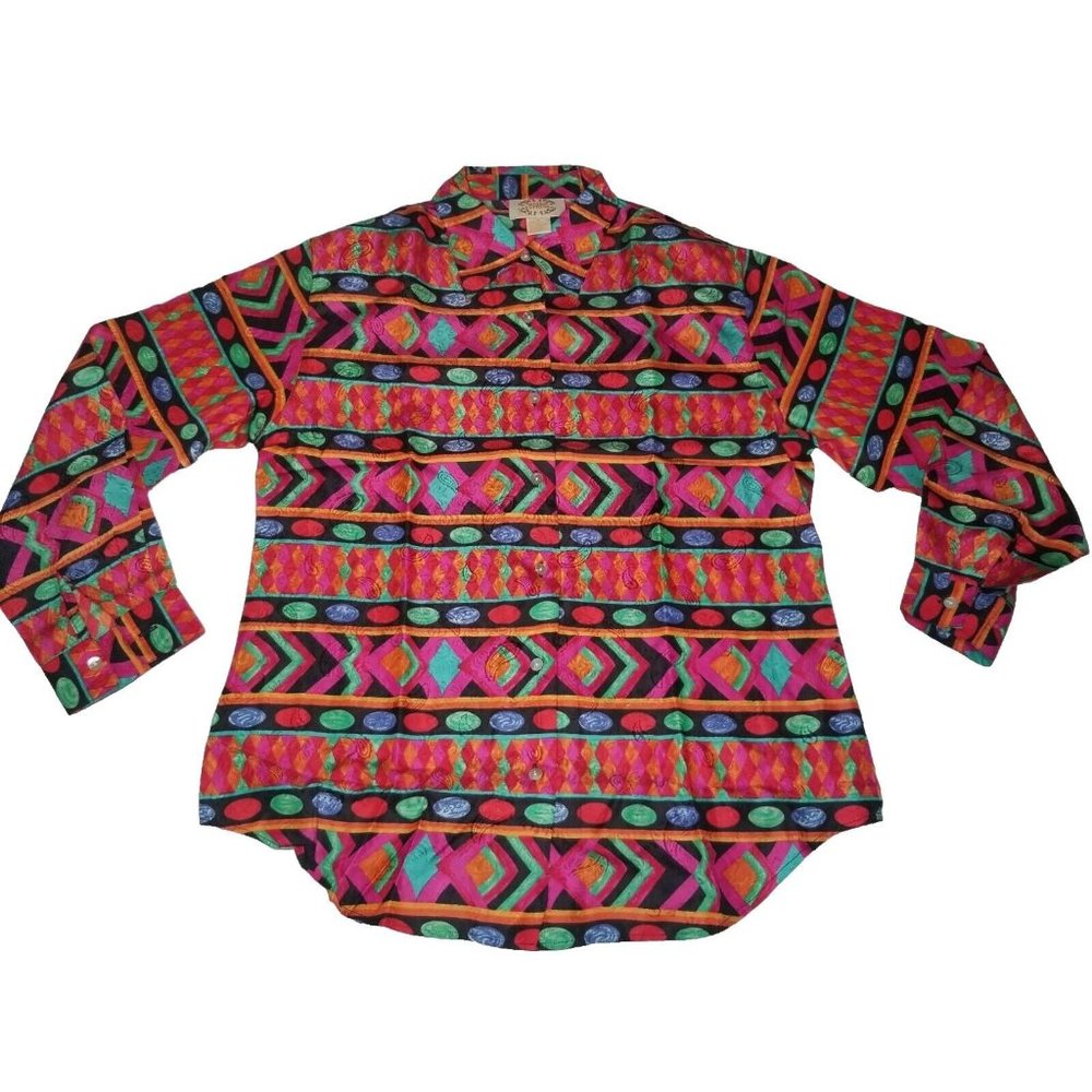 Vtg 90s Metro Express 100% Silk Blouse Tropical Artsy Abstract Retro Shirt Med